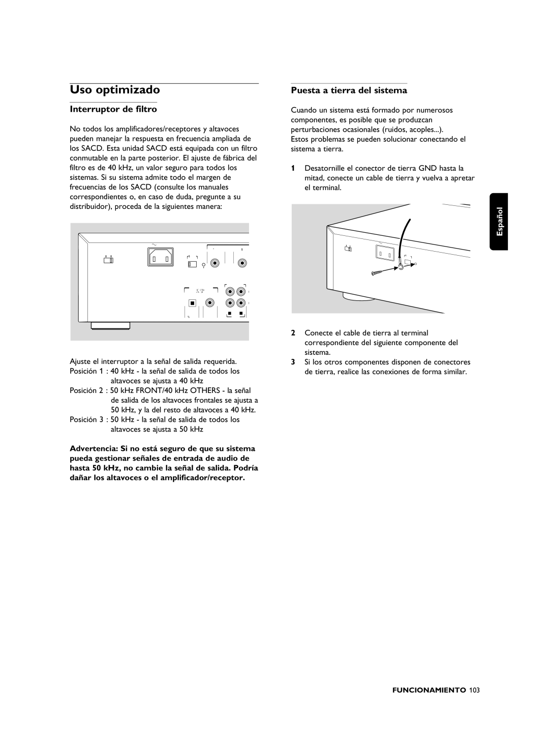 Philips SACD1000 manual Uso optimizado, Interruptor de filtro, Puesta a tierra del sistema 