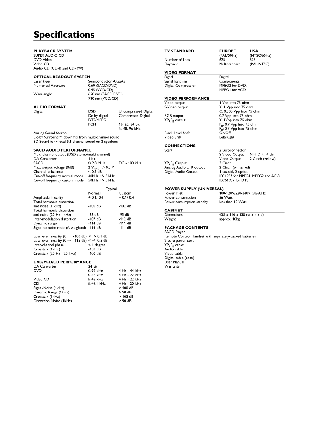 Philips SACD1000 manual Specifications, Optical Readout System 