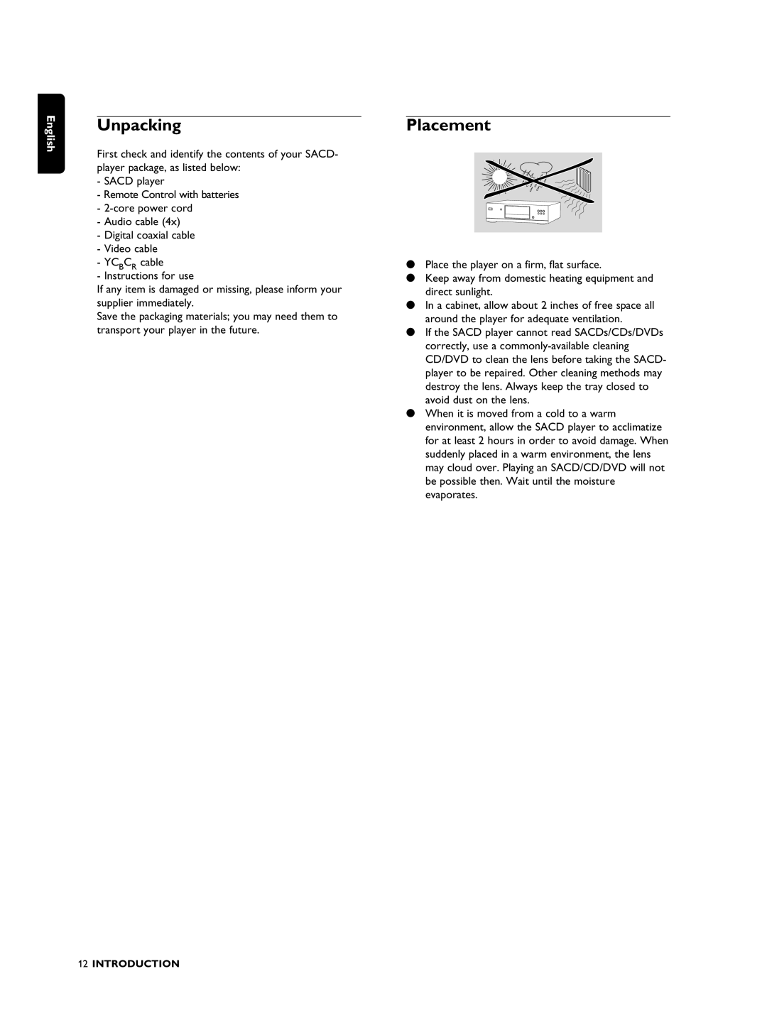 Philips SACD1000 manual Unpacking, Placement 