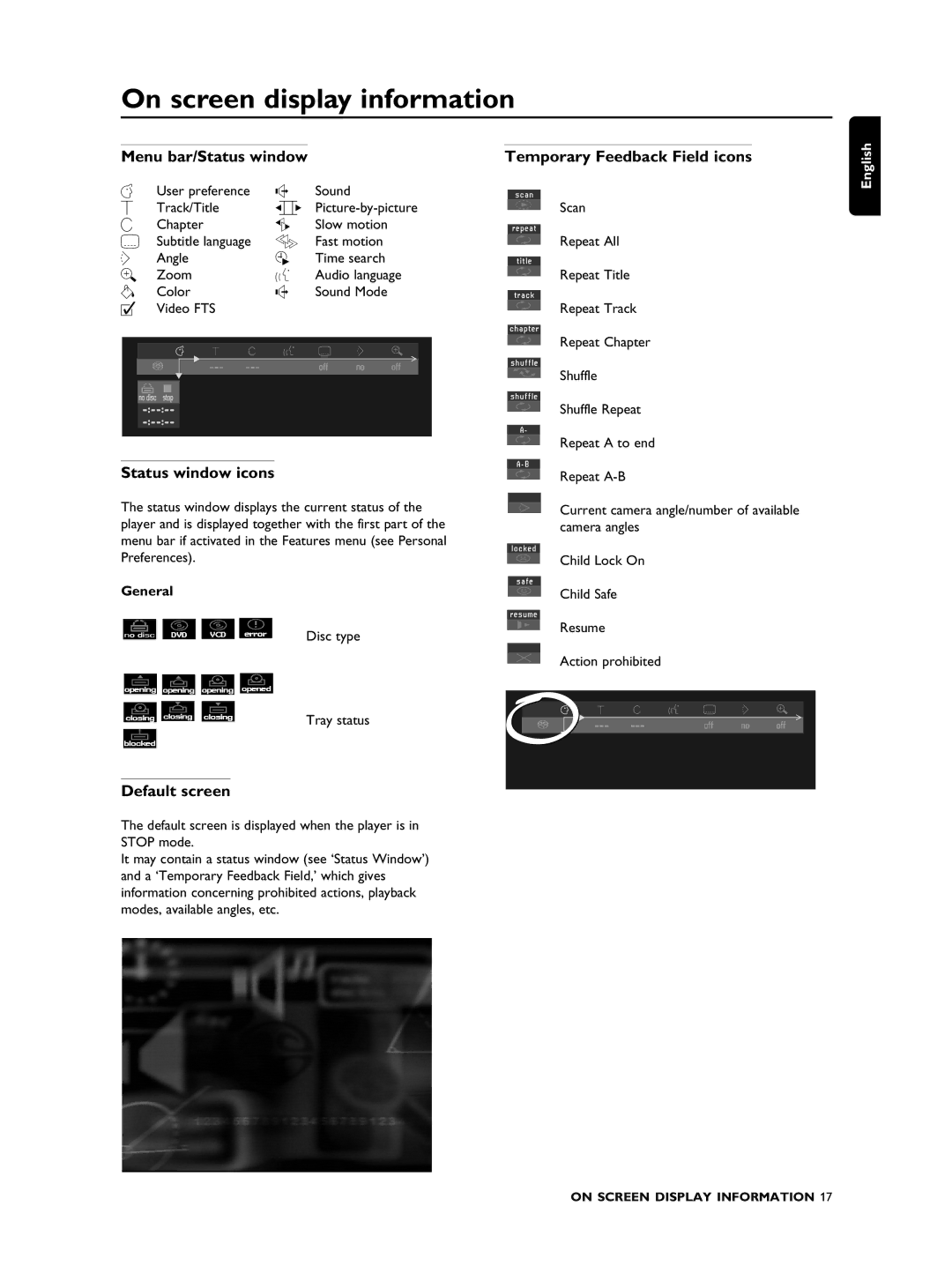 Philips SACD1000 On screen display information, Menu bar/Status window Temporary Feedback Field icons, Status window icons 