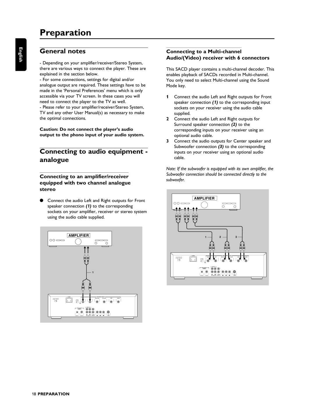 Philips SACD1000 manual Preparation, General notes, Connecting to audio equipment analogue 