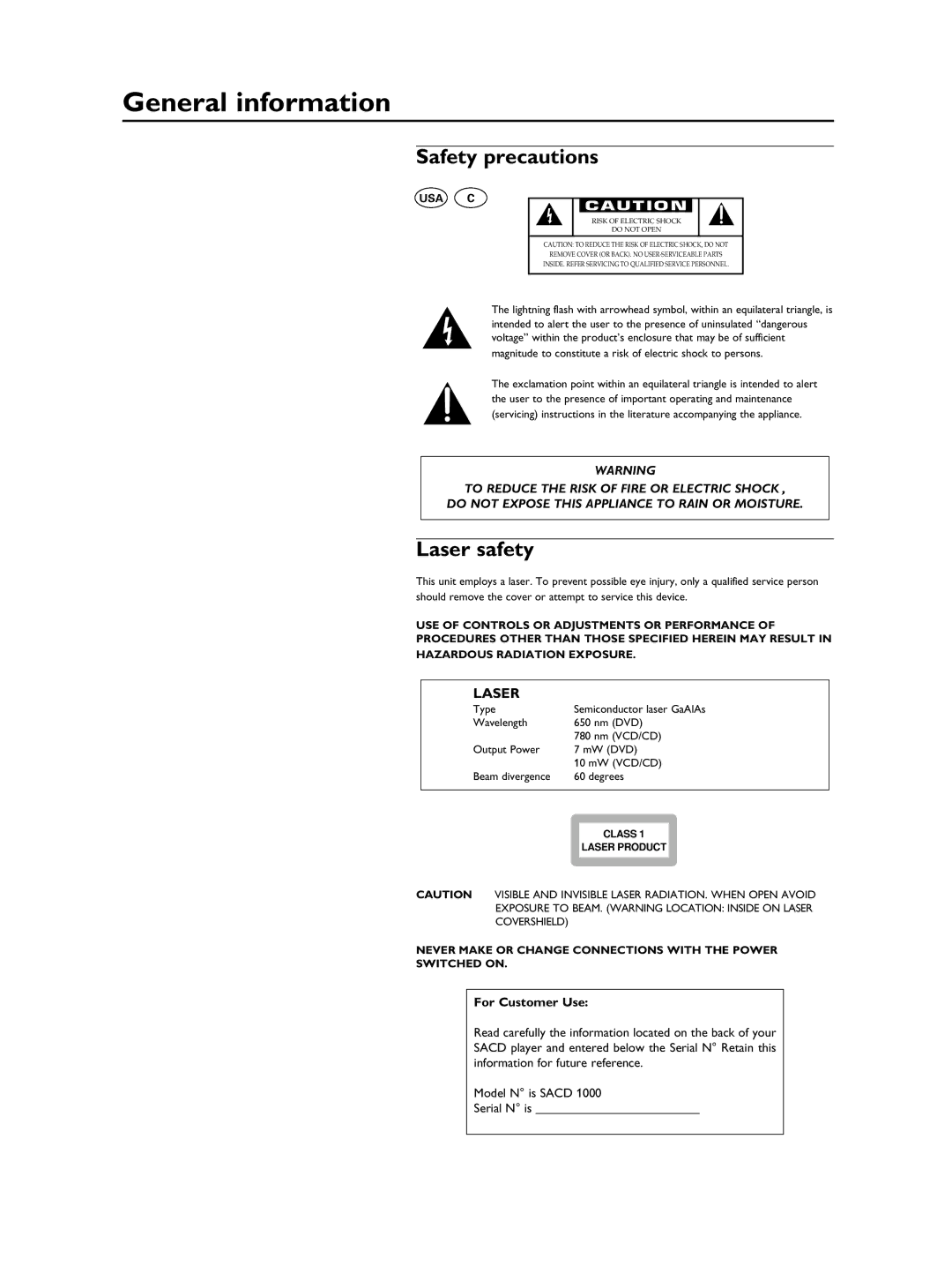 Philips SACD1000 manual General information, Safety precautions, Laser safety 