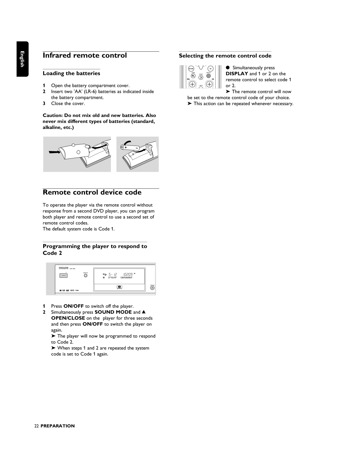 Philips SACD1000 manual Infrared remote control, Remote control device code, Loading the batteries 