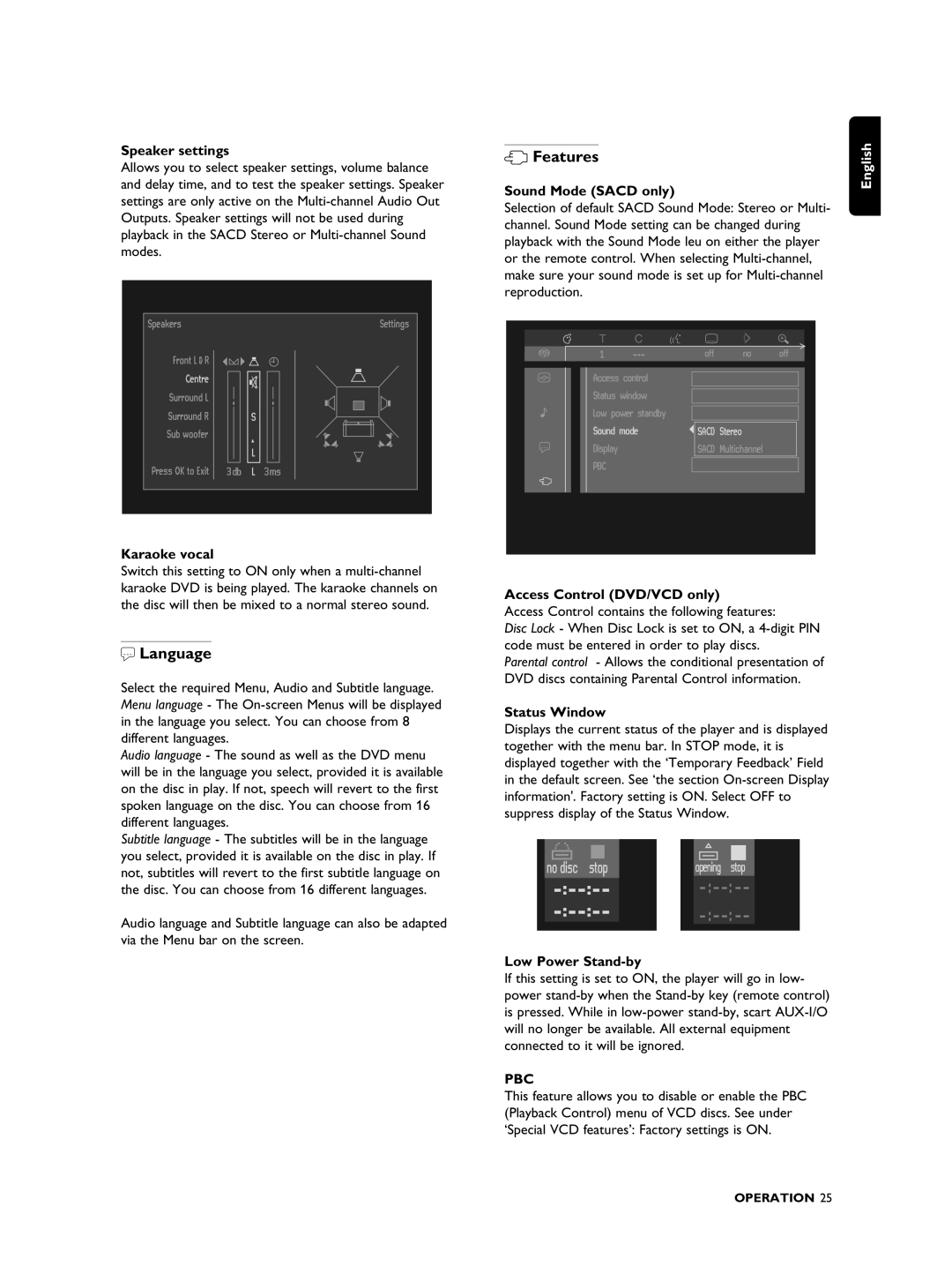 Philips SACD1000 manual Language, Features 