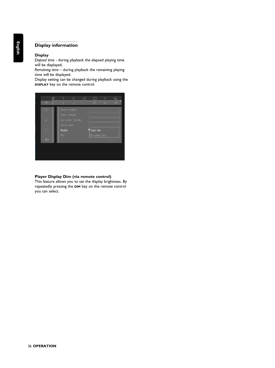 Philips SACD1000 manual Display information, Player Display Dim via remote control 