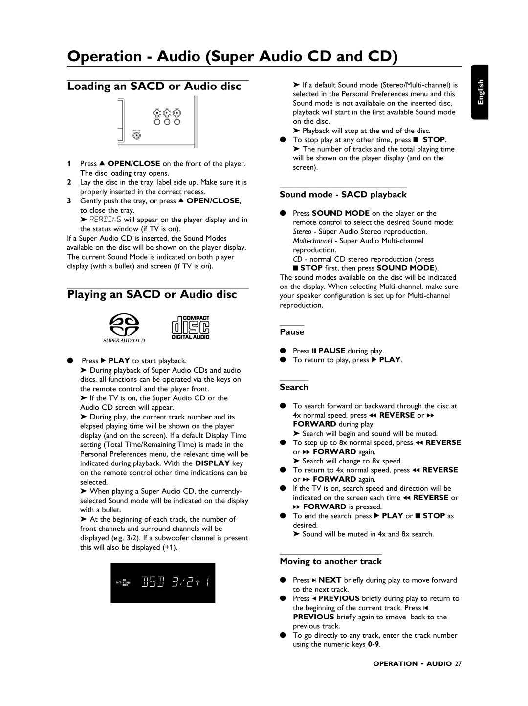 Philips SACD1000 manual Operation Audio Super Audio CD and CD, Loading an Sacd or Audio disc, Playing an Sacd or Audio disc 