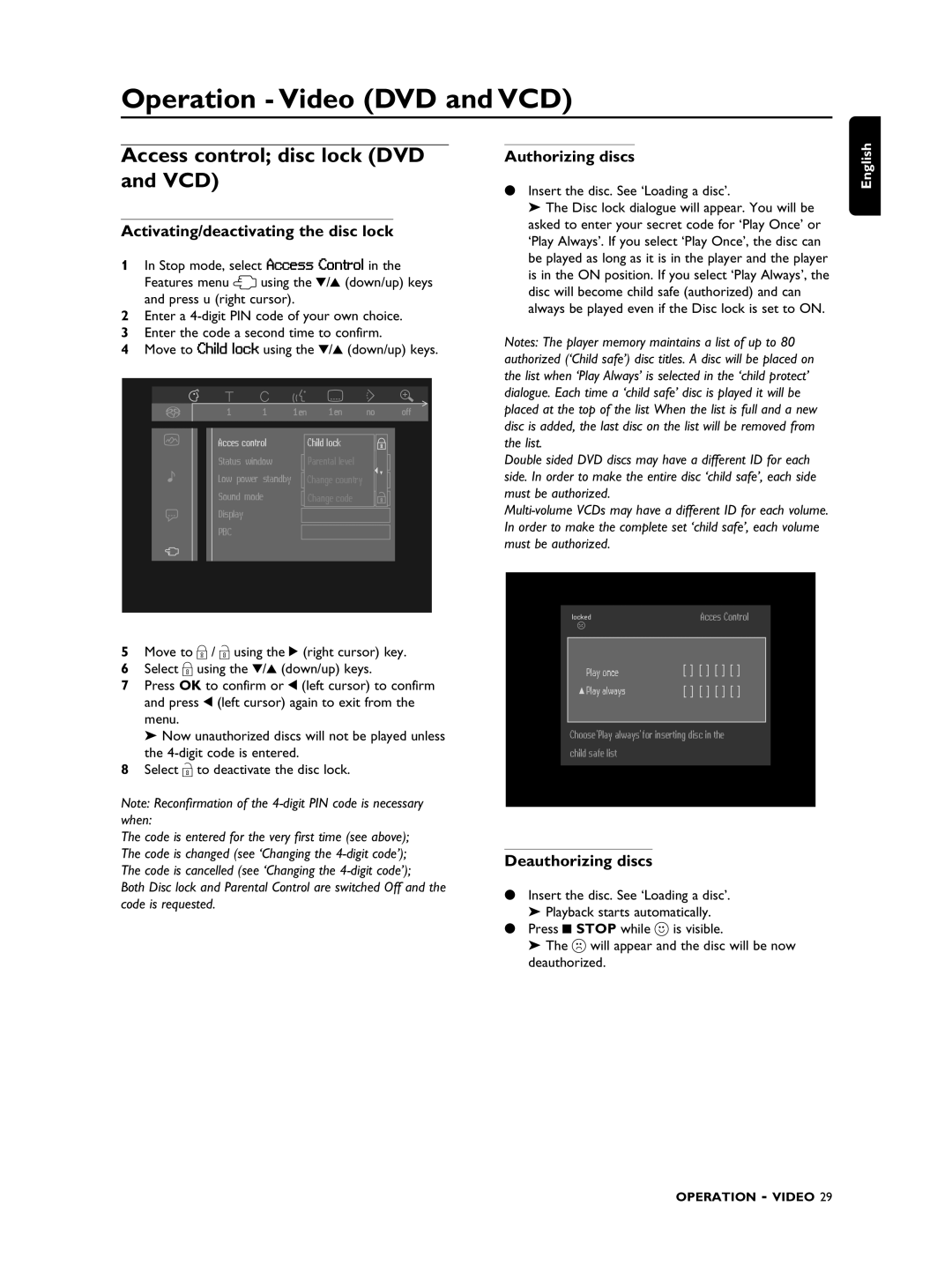 Philips SACD1000 Operation Video DVD and VCD, Access control disc lock DVD and VCD, Activating/deactivating the disc lock 