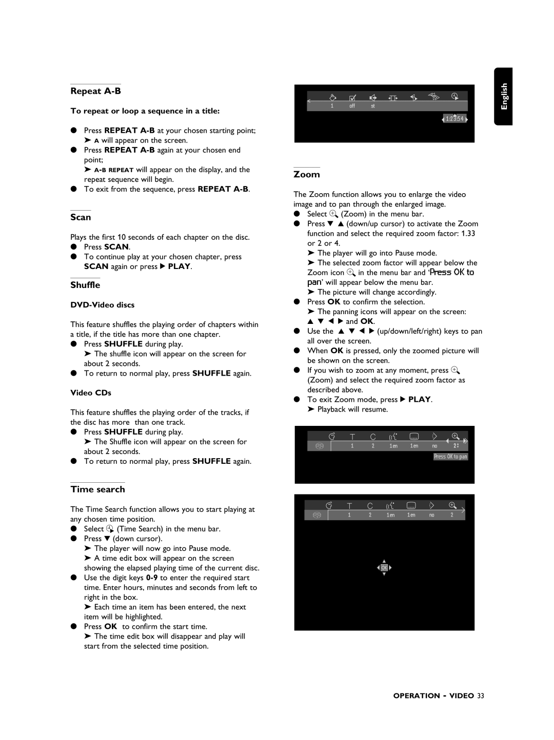 Philips SACD1000 manual Time search, Zoom, To repeat or loop a sequence in a title, DVD-Video discs, Video CDs 