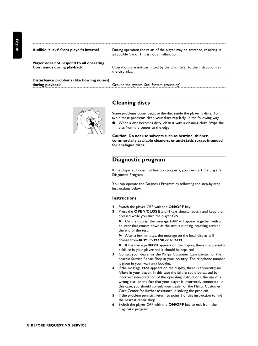 Philips SACD1000 manual Cleaning discs, Diagnostic program, Instructions 