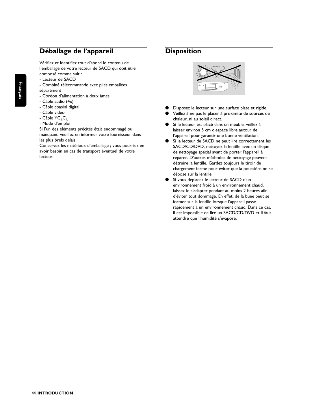 Philips SACD1000 manual Déballage de l’appareil, Disposition 