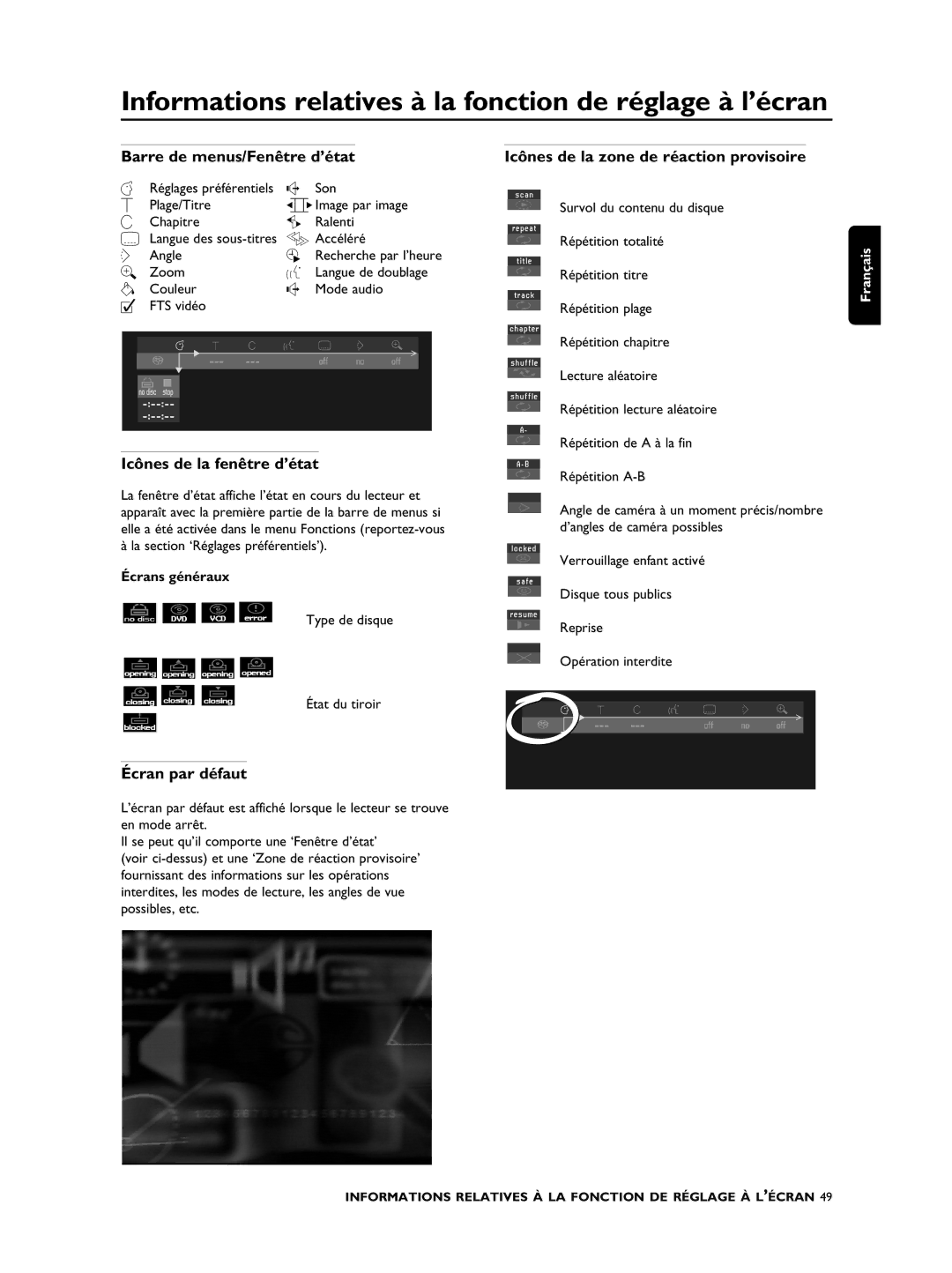 Philips SACD1000 Barre de menus/Fenêtre d’état, Icônes de la zone de réaction provisoire, Icônes de la fenêtre d’état 