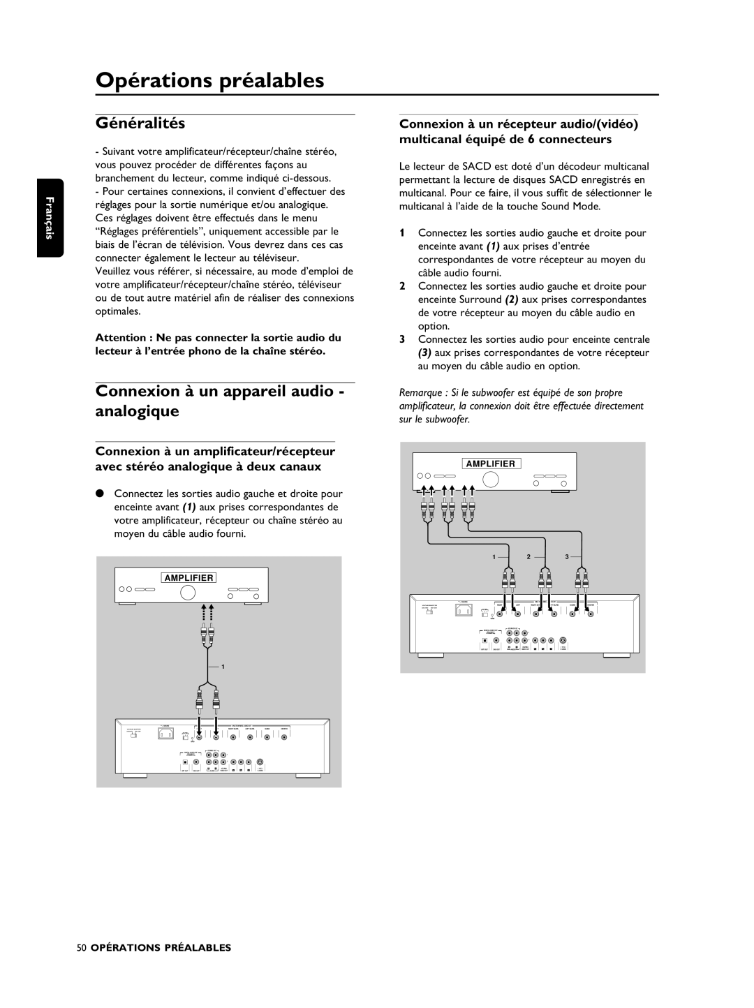 Philips SACD1000 manual Opérations préalables, Généralités, Connexion à un appareil audio analogique 