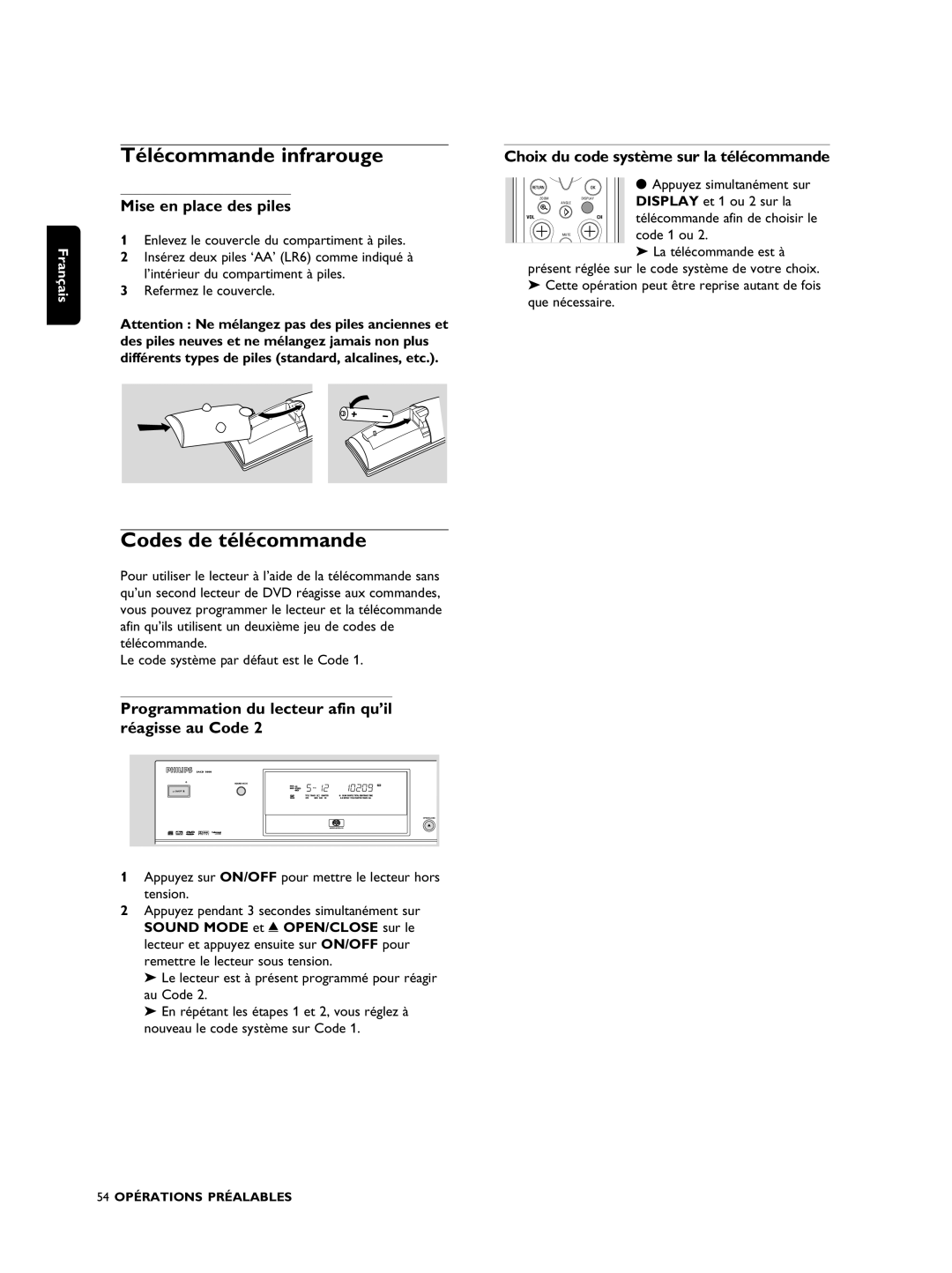 Philips SACD1000 manual Télécommande infrarouge, Codes de télécommande, Mise en place des piles 