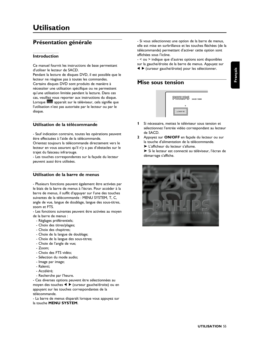 Philips SACD1000 manual Utilisation, Présentation générale, Mise sous tension 