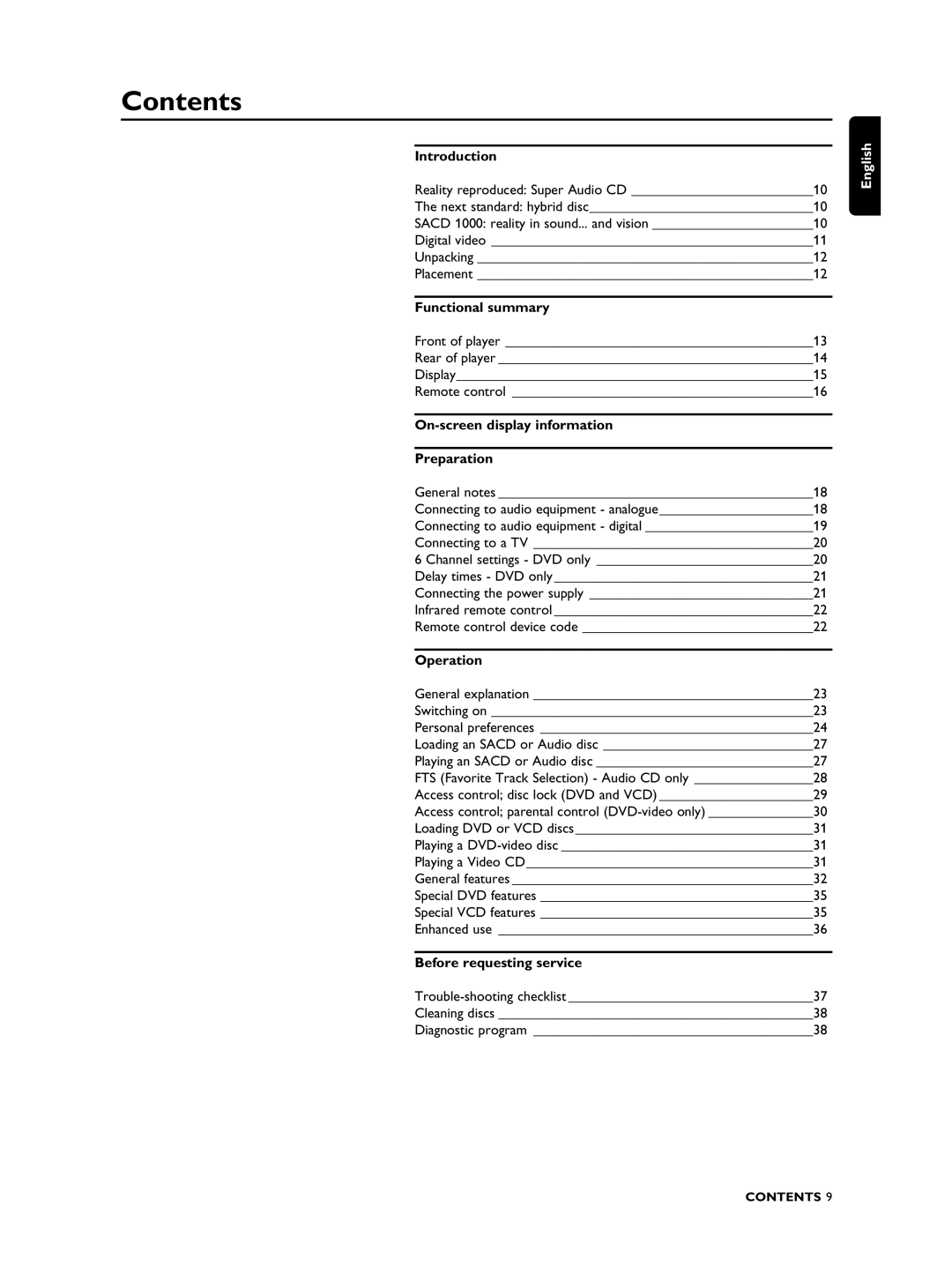 Philips SACD1000 manual Contents 