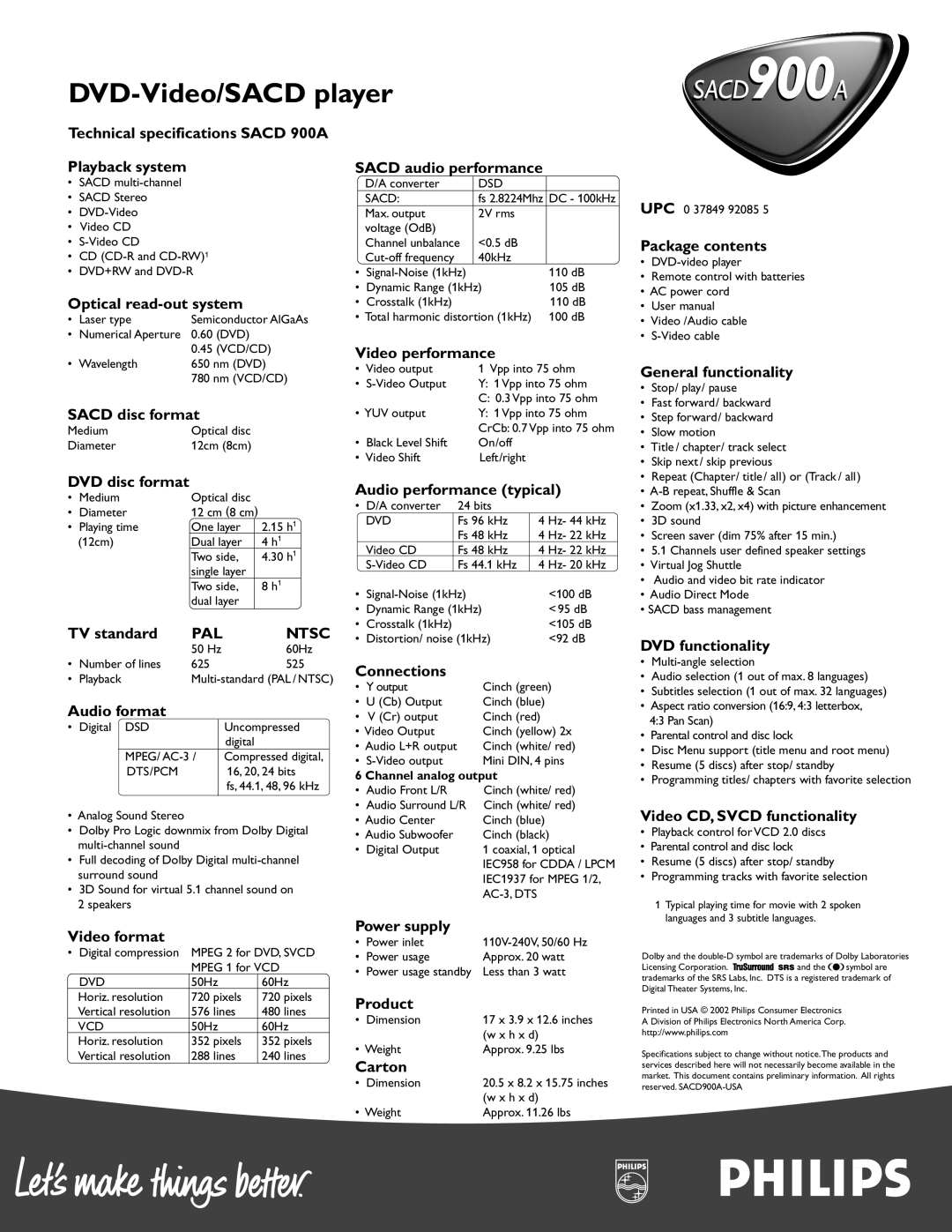 Philips SACD900A Technical specifications Sacd 900A Playback system, Optical read-out system, Sacd disc format, Product 