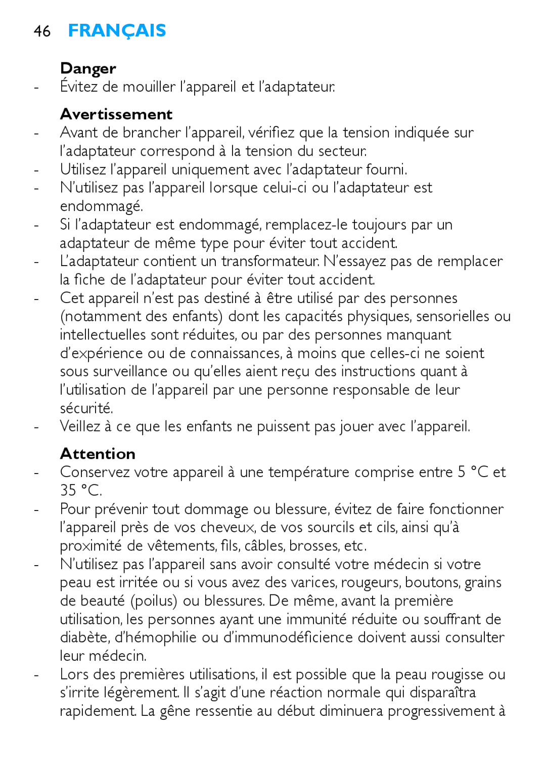 Philips Satinelle ICE manual Français, Évitez de mouiller l’appareil et l’adaptateur, Avertissement 