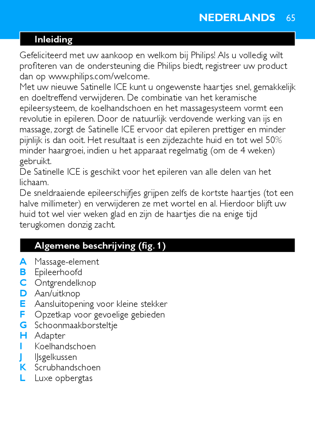 Philips Satinelle ICE manual Nederlands, Inleiding, Algemene beschrijving fig 