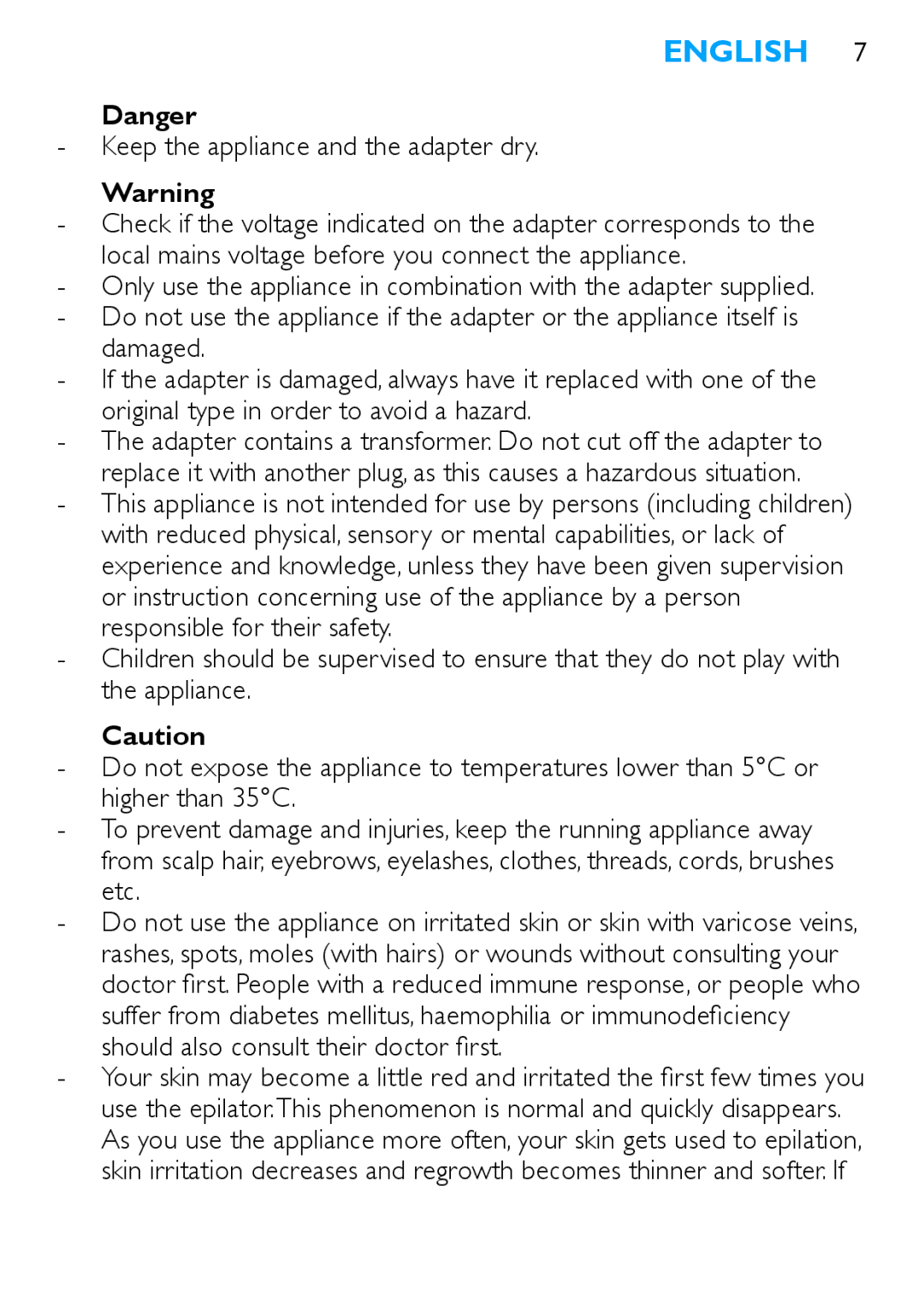 Philips Satinelle ICE manual English, Keep the appliance and the adapter dry 