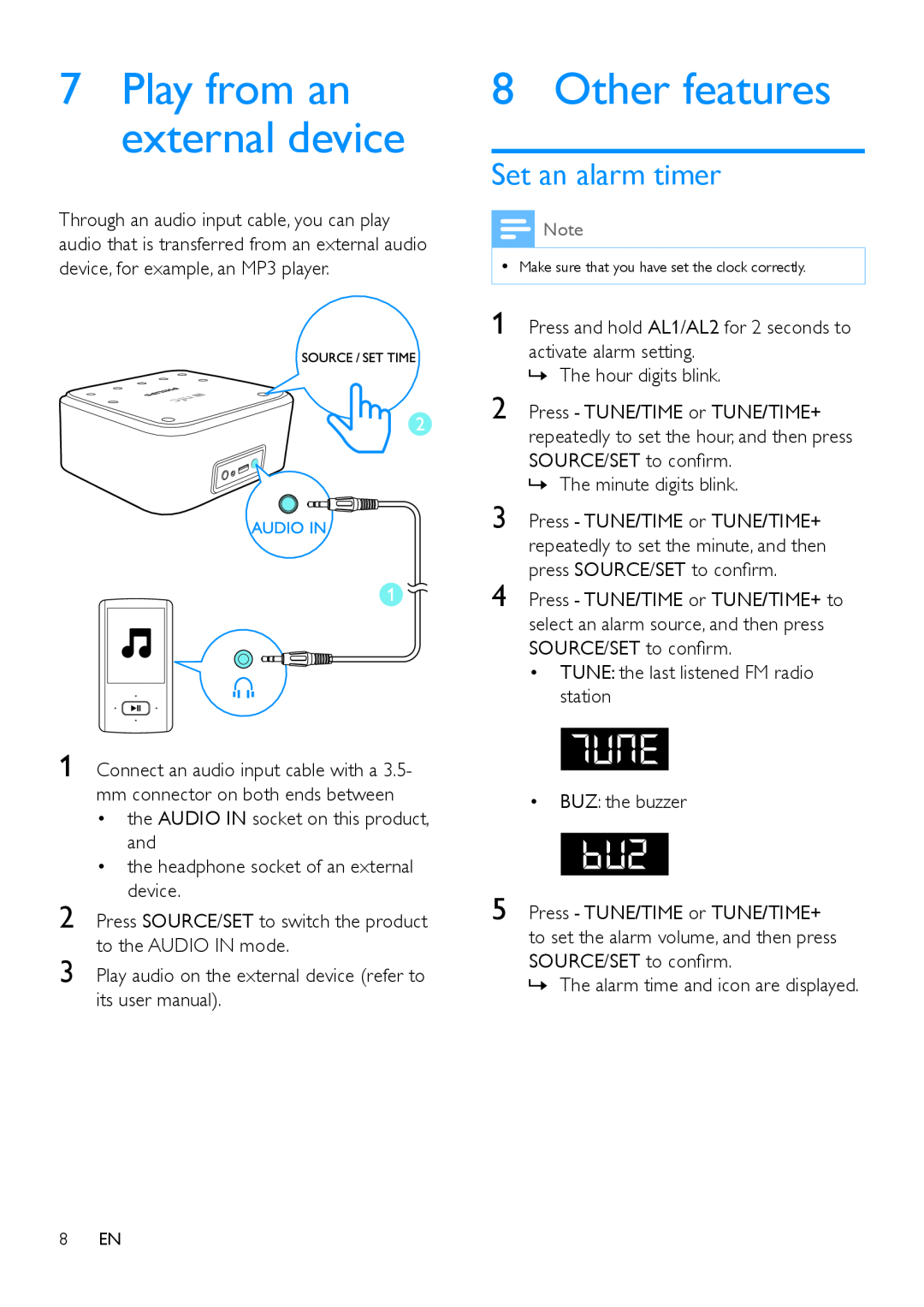 Philips SB170 user manual Other features, Play from an external device, Set an alarm timer 