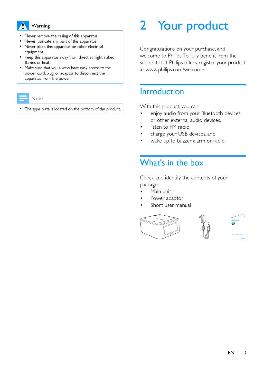 Philips SB170 user manual Your product, Introduction, Whats in the box 