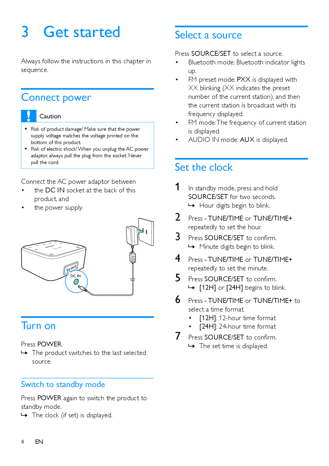 Philips SB170 user manual Get started, Connect power, Turn on, Select a source, Set the clock, Switch to standby mode 