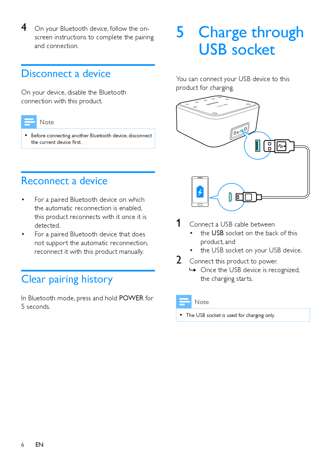 Philips SB170 user manual Charge through USB socket, Disconnect a device, Reconnect a device, Clear pairing history 