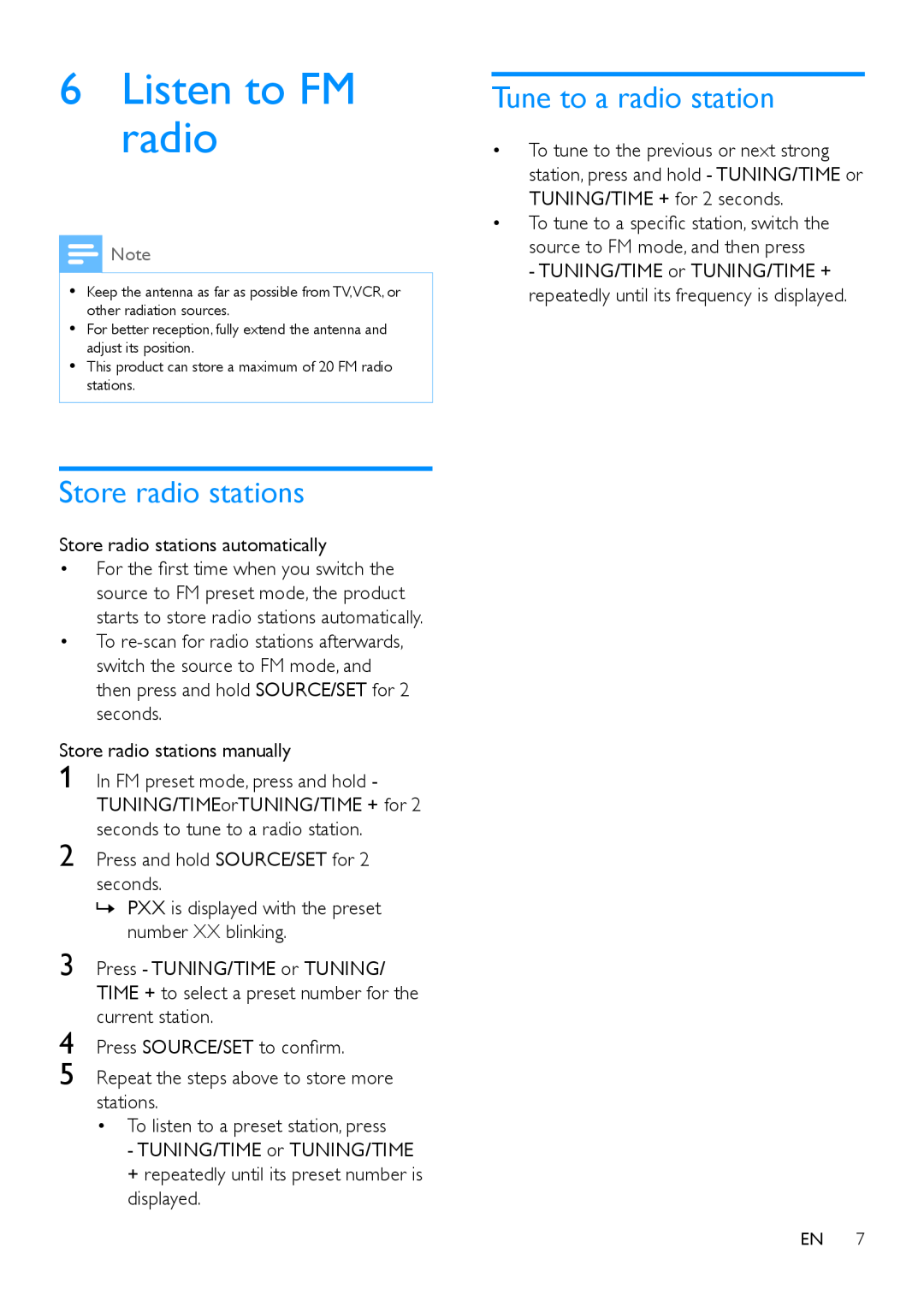 Philips SB170 user manual Listen to FM radio, Store radio stations, Tune to a radio station 