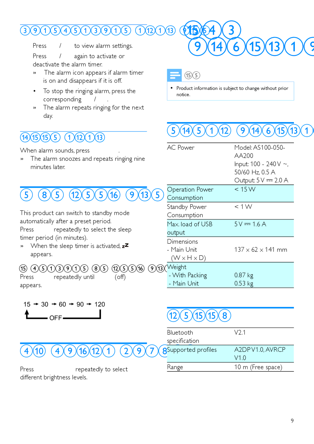 Philips SB170 Product information, Set the sleep timer, Adjust display brightness, General information, Bluetooth 