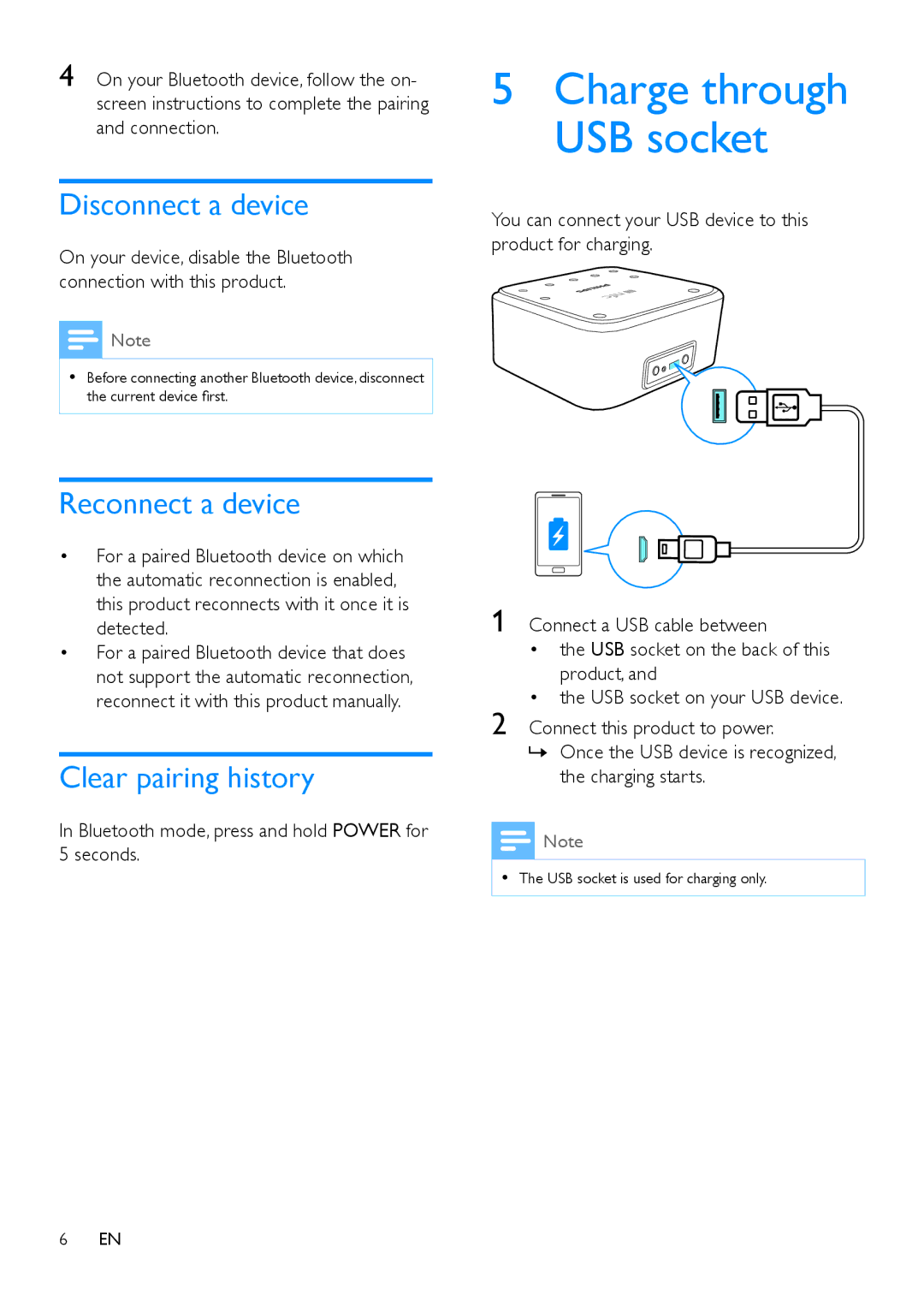 Philips SB170 user manual Disconnect a device, Reconnect a device, Clear pairing history 