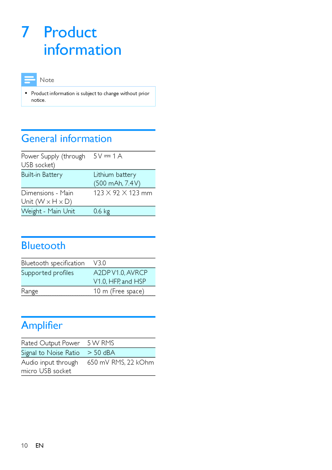 Philips SB2000 user manual Product information, General information, Bluetooth, Amplifier 