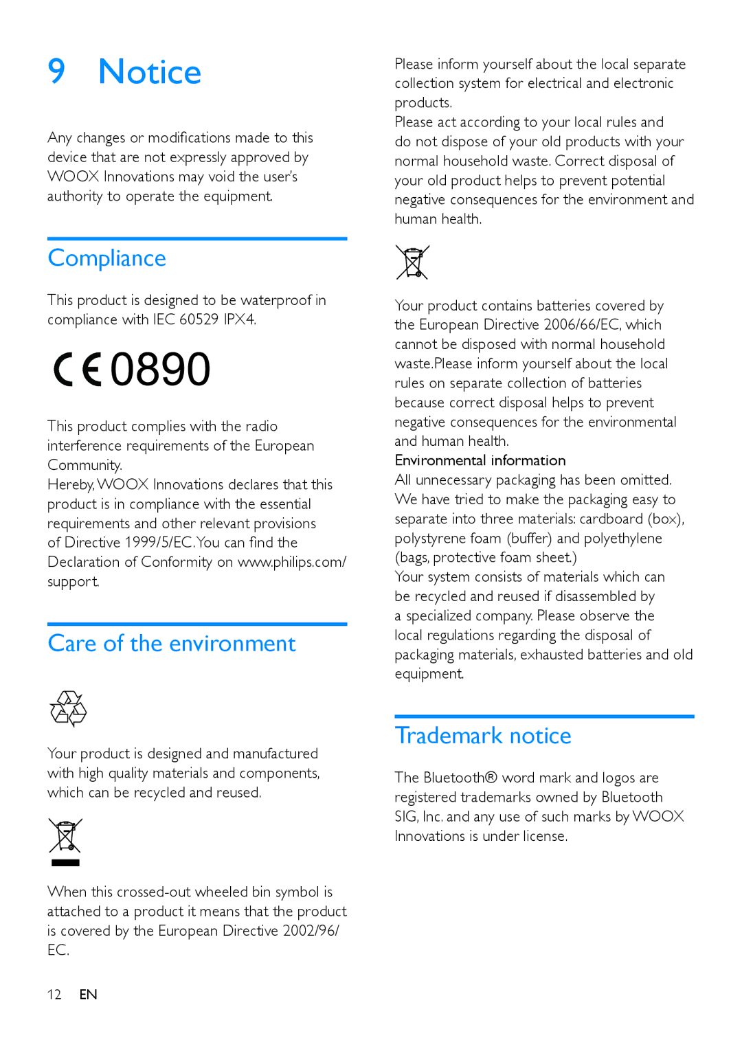 Philips SB2000 user manual Compliance, Care of the environment, Trademark notice, Environmental information 