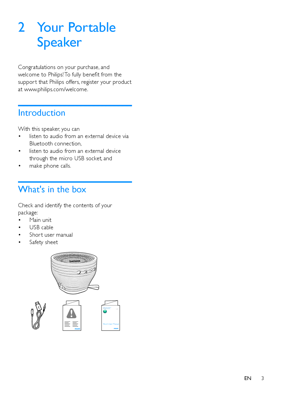 Philips SB2000 user manual Introduction, Whats in the box, Make phone calls 