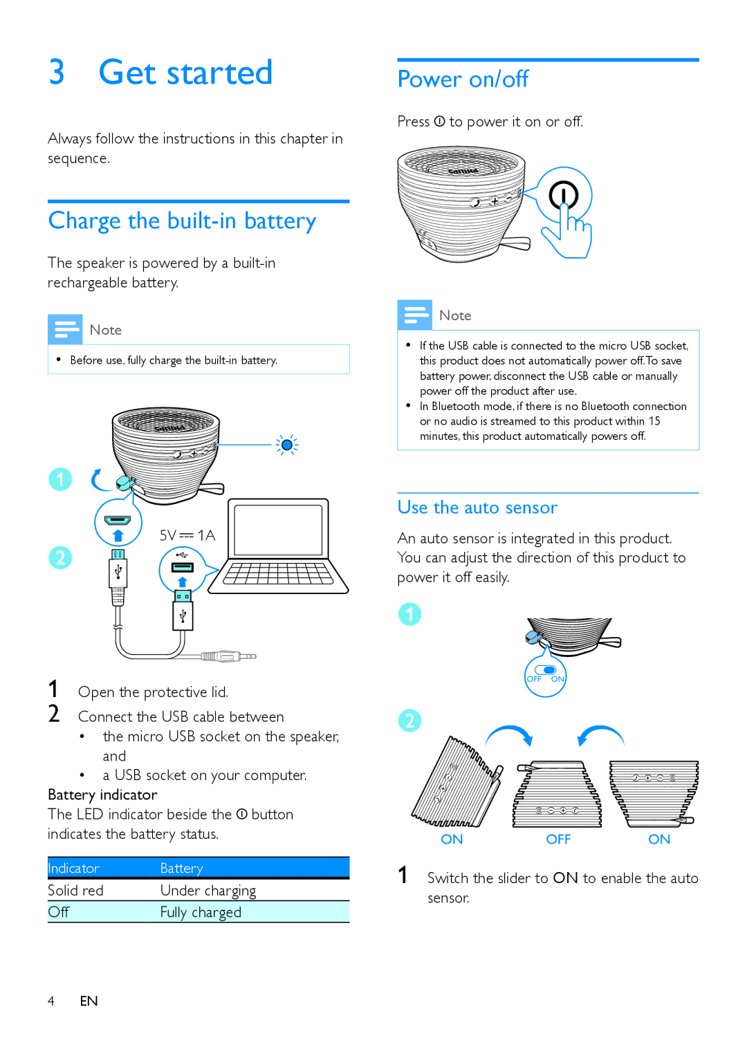 Philips SB2000 user manual Get started, Charge the built-in battery, Power on/off 