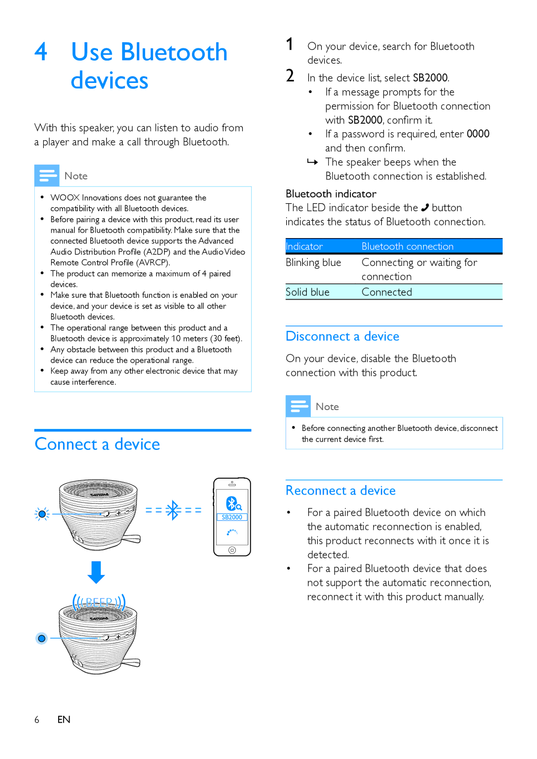 Philips SB2000 user manual Connect a device, If a password is required, enter 0000 and then confirm, Bluetooth indicator 