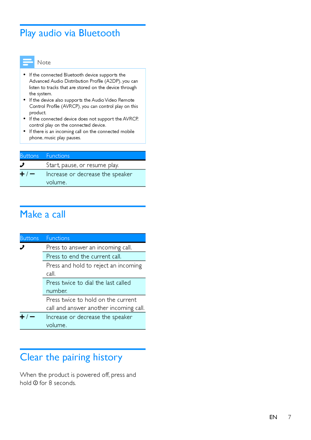 Philips SB2000 user manual Play audio via Bluetooth, Make a call, Clear the pairing history 