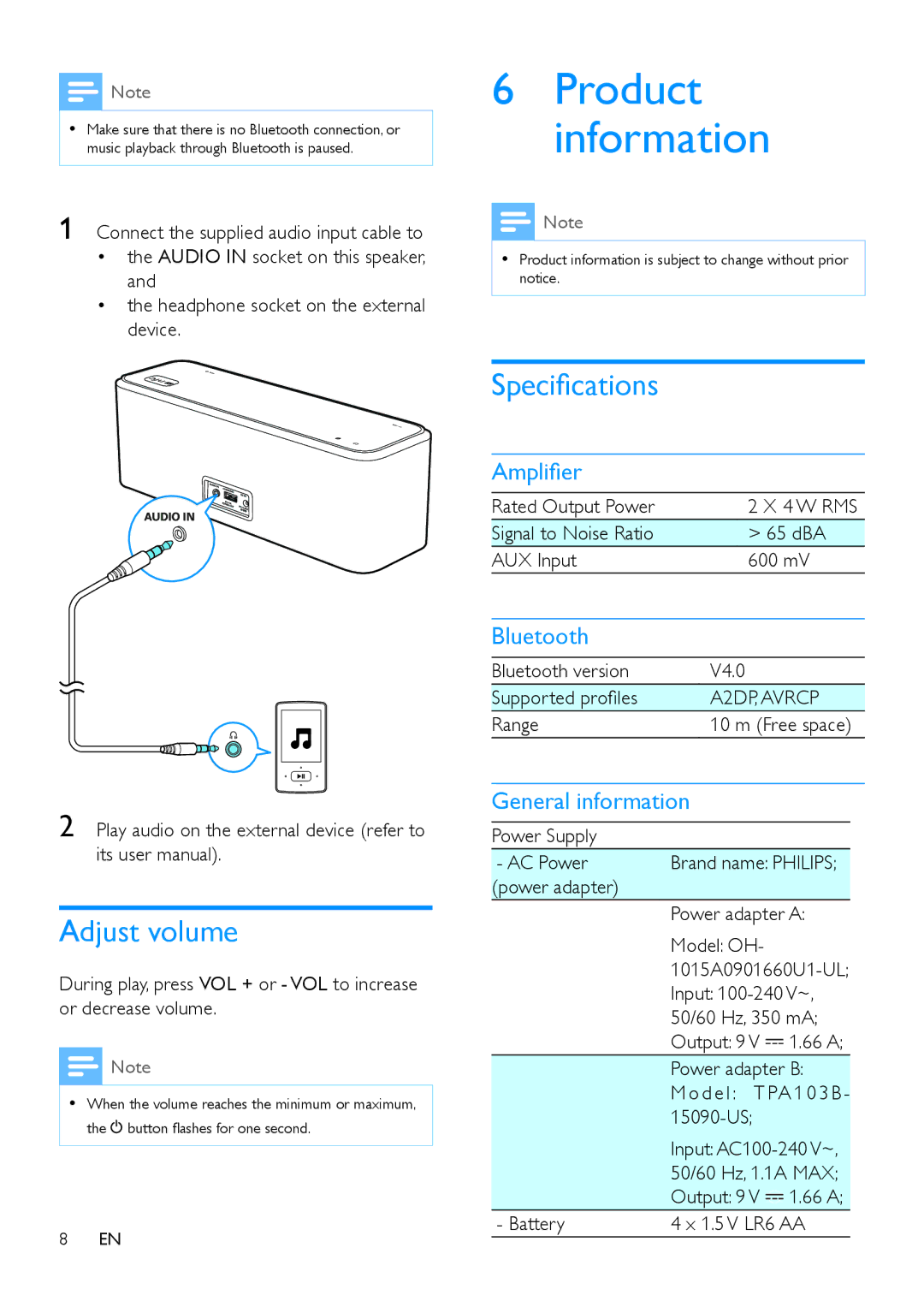 Philips SB365 user manual Product information, Adjust volume, Specifications 