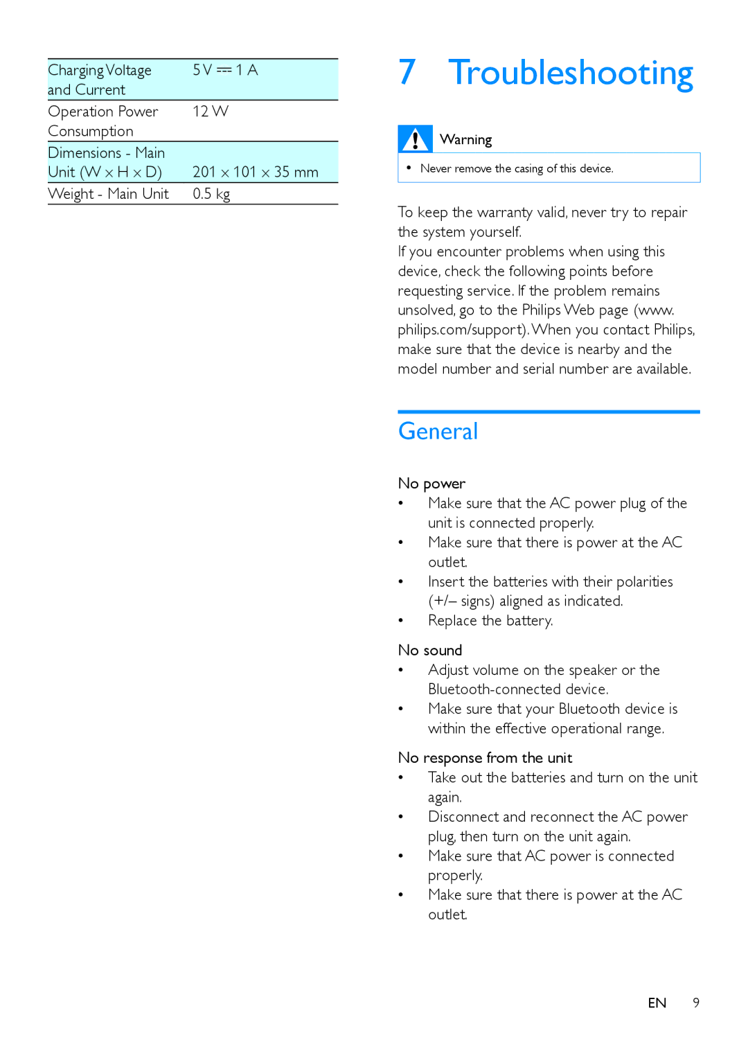 Philips SB365 user manual Troubleshooting, General 