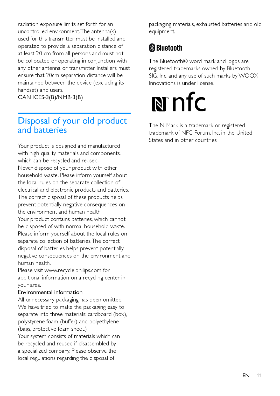 Philips SB365 user manual Disposal of your old product and batteries, Environmental information 