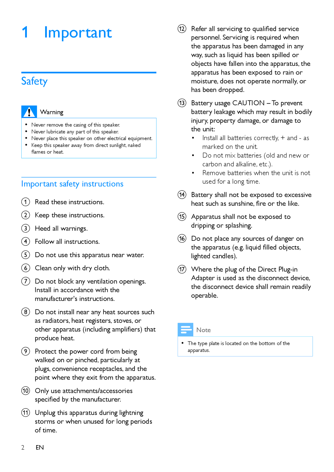 Philips SB365 user manual Safety, Important safety instructions 