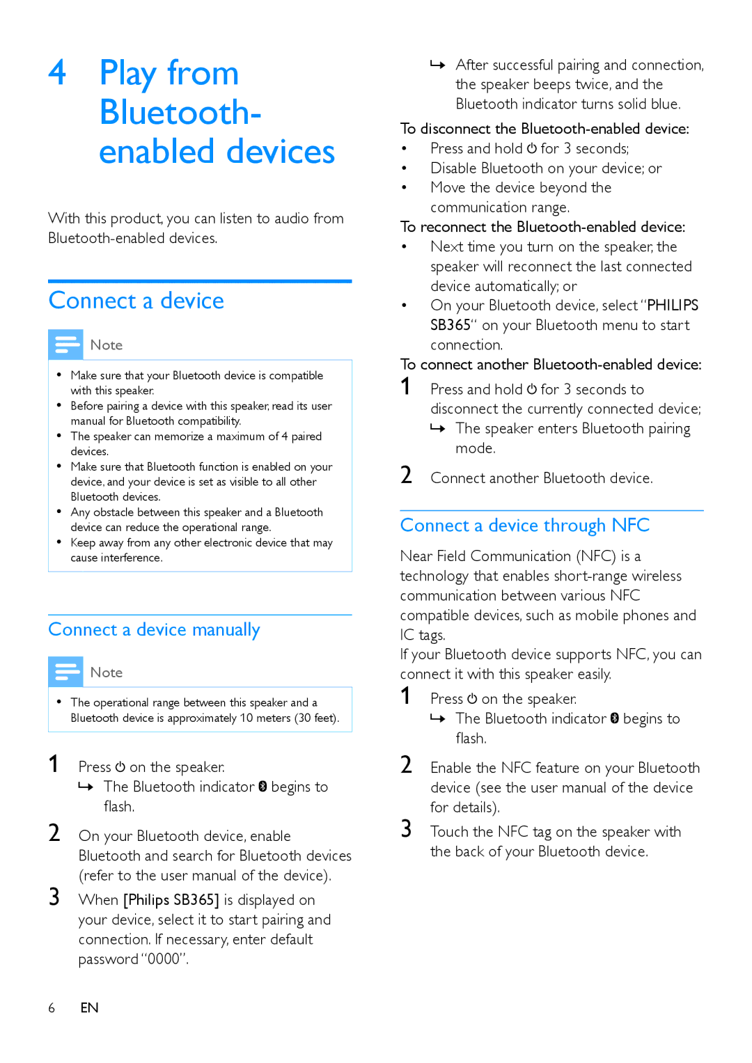 Philips SB365 user manual Connect a device manually, Connect a device through NFC 