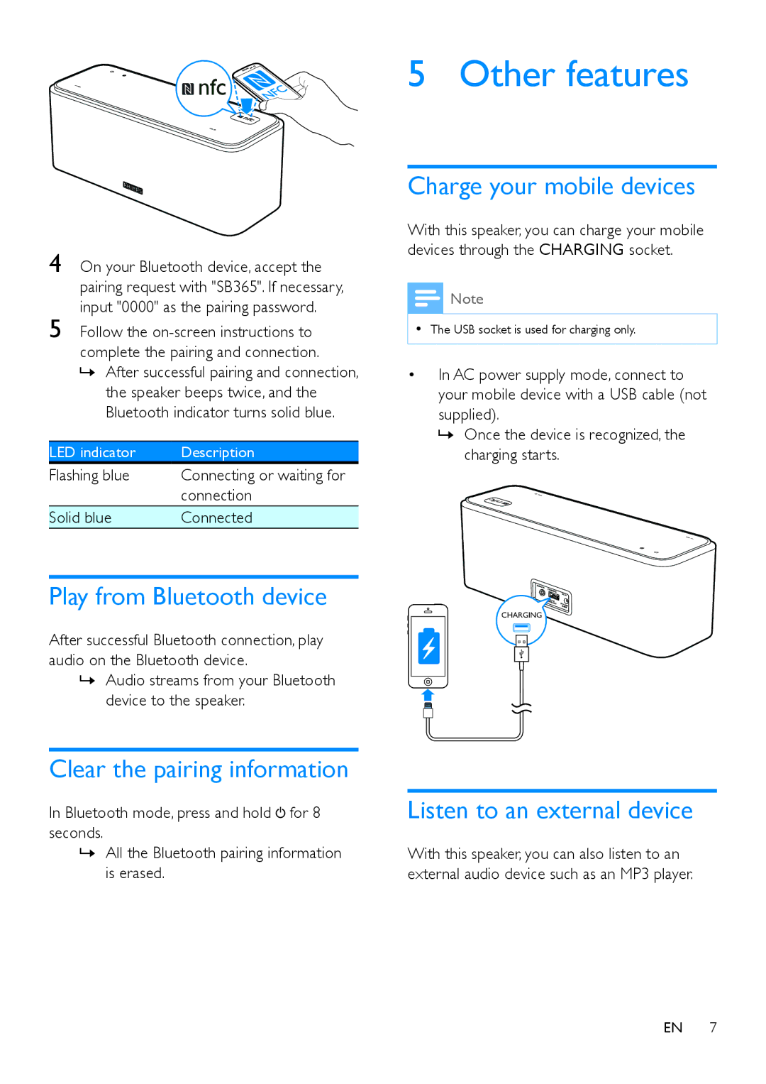 Philips SB365 Other features, Charge your mobile devices, Play from Bluetooth device, Clear the pairing information 