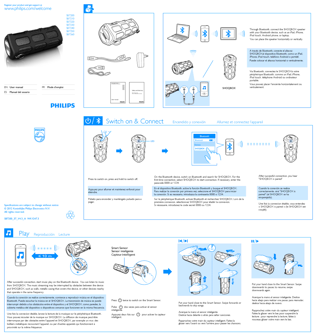 Philips SB7220, SB7250 specifications Switch on & Connect Encendido y conexión, Play Reproducción Lecture, Smart Sensor 