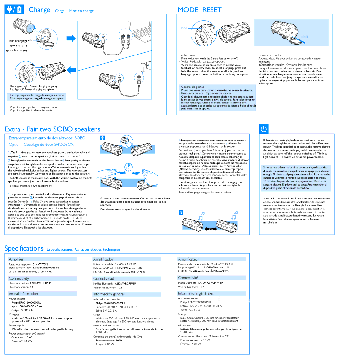 Philips SB7230, SB7250, SB7220 Extra Pair two Shoqbox speakers, Charge Carga Mise en charge, Caractéristiques techniques 