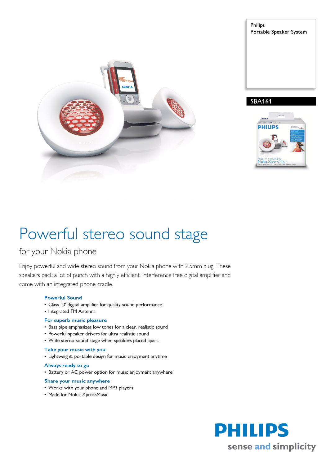 Philips SBA161 manual Powerful Sound, For superb music pleasure, Take your music with you, Always ready to go 