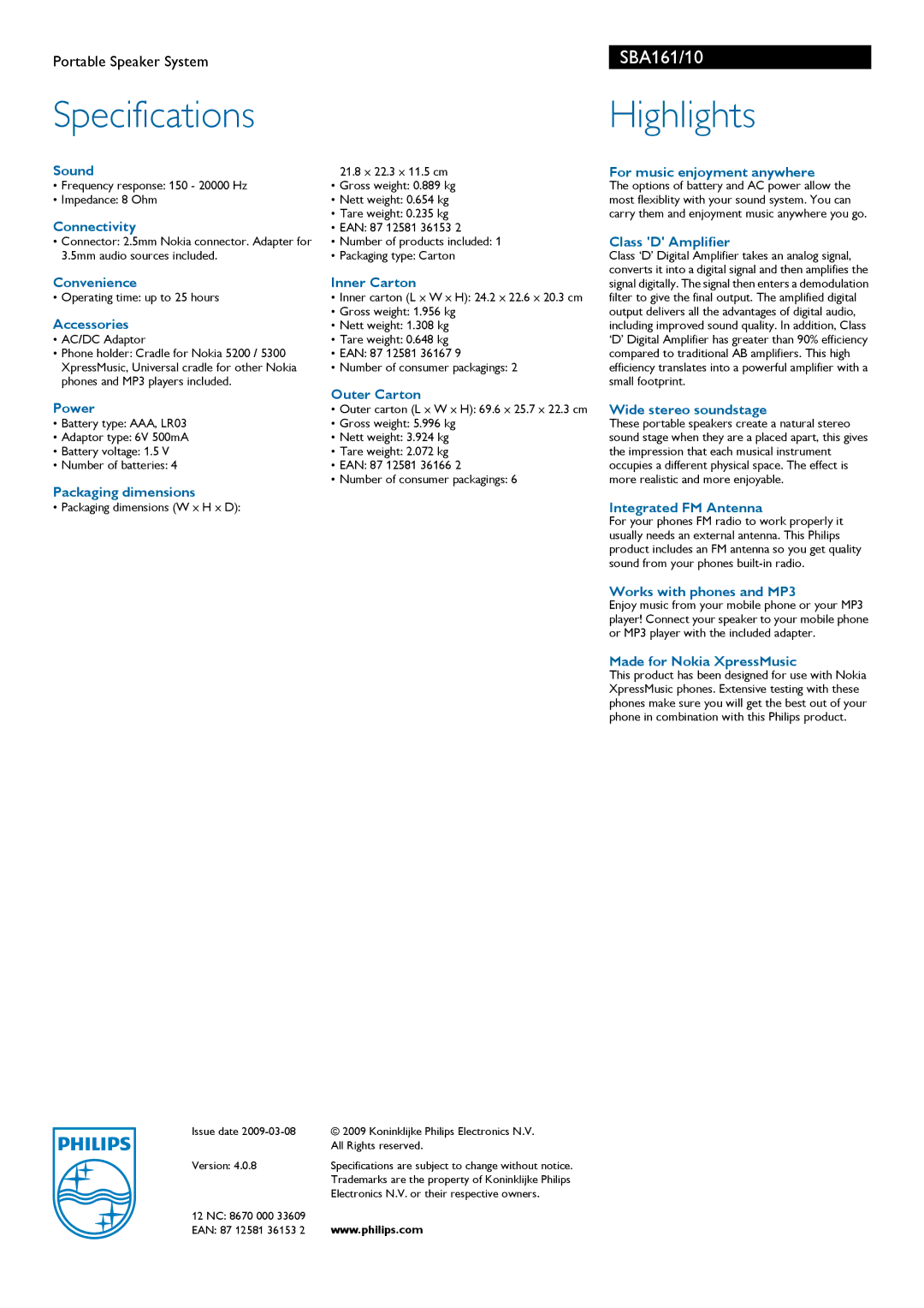 Philips SBA161 manual Sound, Connectivity, For music enjoyment anywhere, Class D Amplifier, Convenience, Accessories, Power 