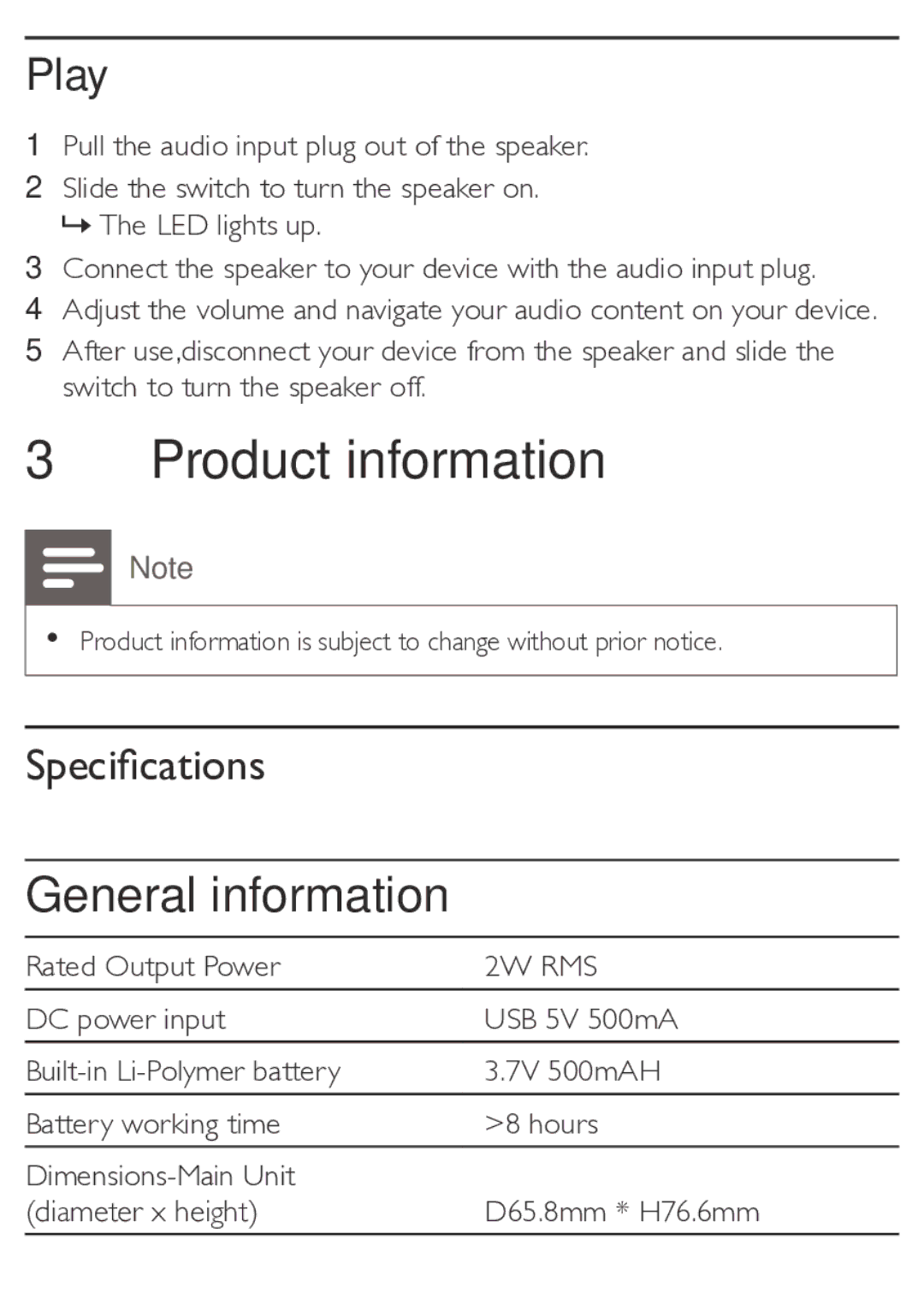 Philips SBA3010/00 user manual Product information, General information 