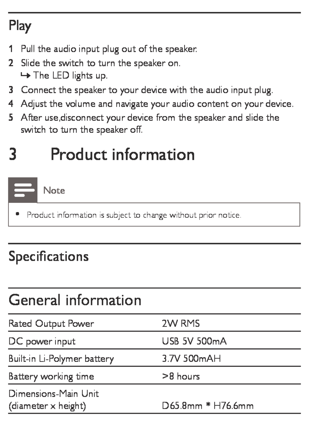 Philips SBA3010/00 user manual Product information, General information, Play, Specifications 