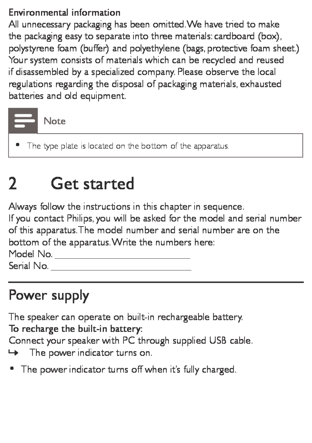 Philips SBA3010/00 user manual Get started, Power supply 