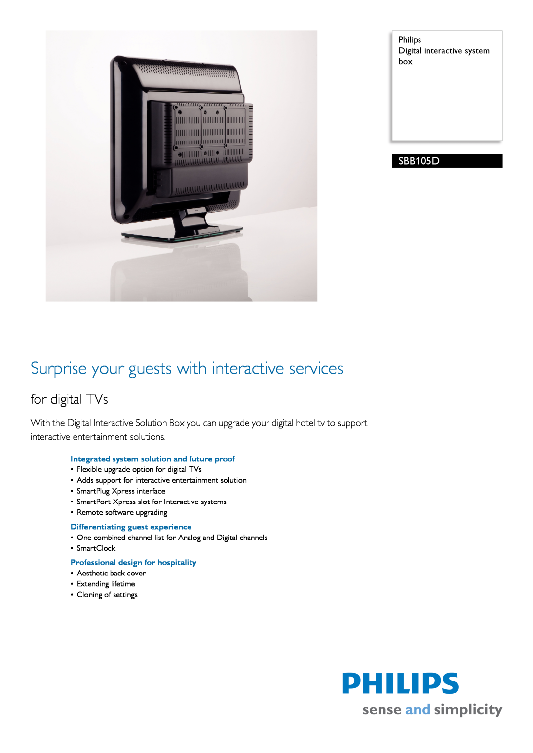 Philips SBB105D manual Philips Digital interactive system box, Surprise your guests with interactive services 